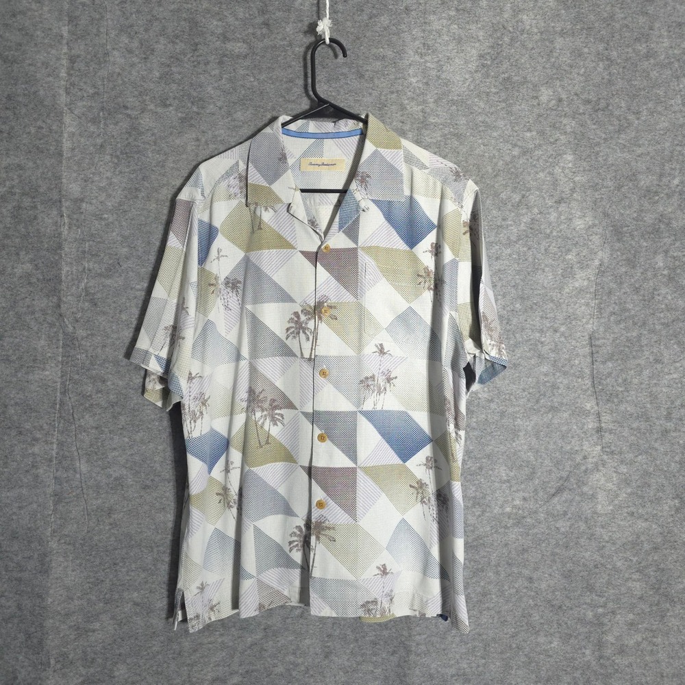 Tommy Bahama Silk Shirt Mens L Multi Geometric Palm Tree Camp Collar Aloha 15974